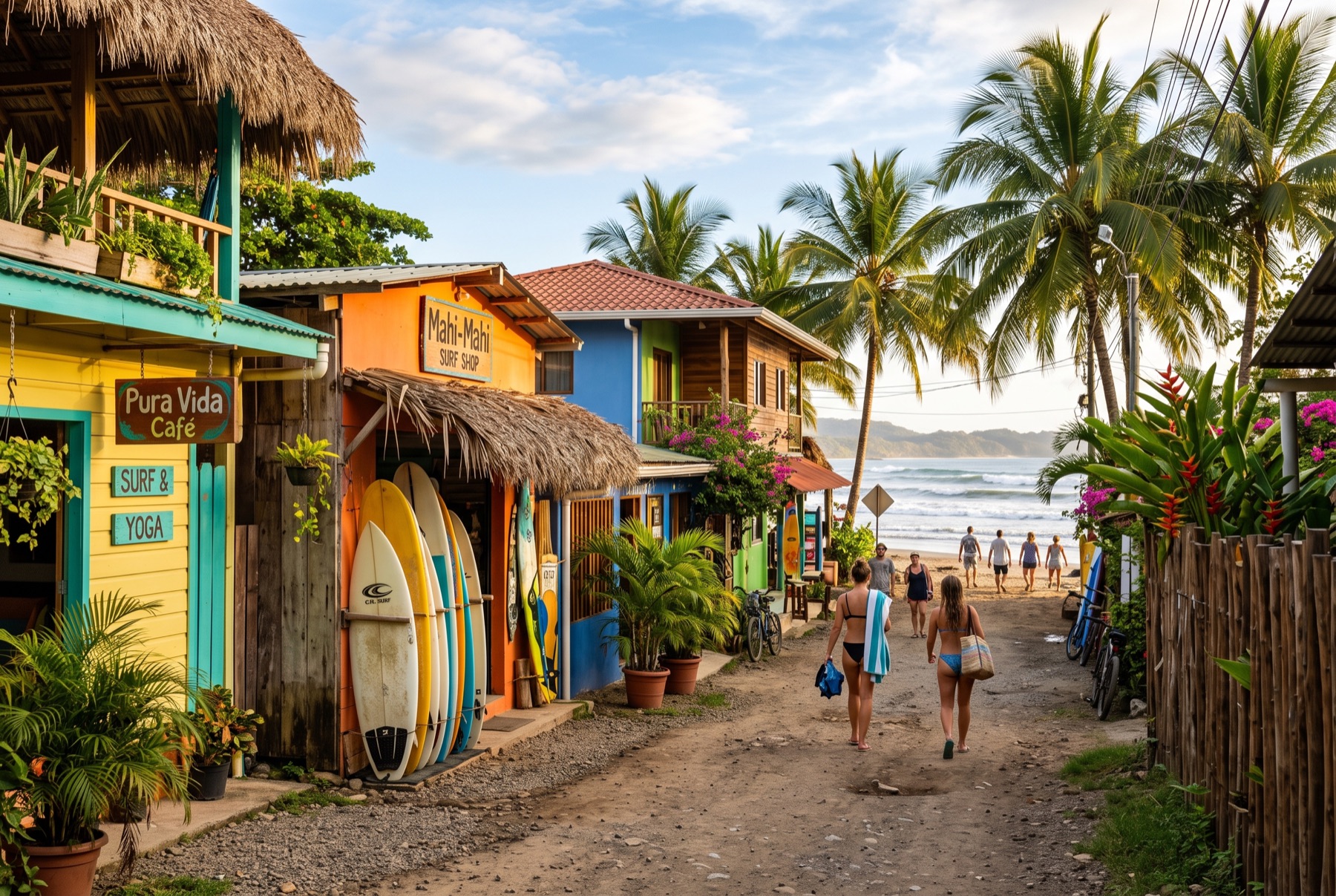 Calle de pueblo de playa costarricense con palmeras