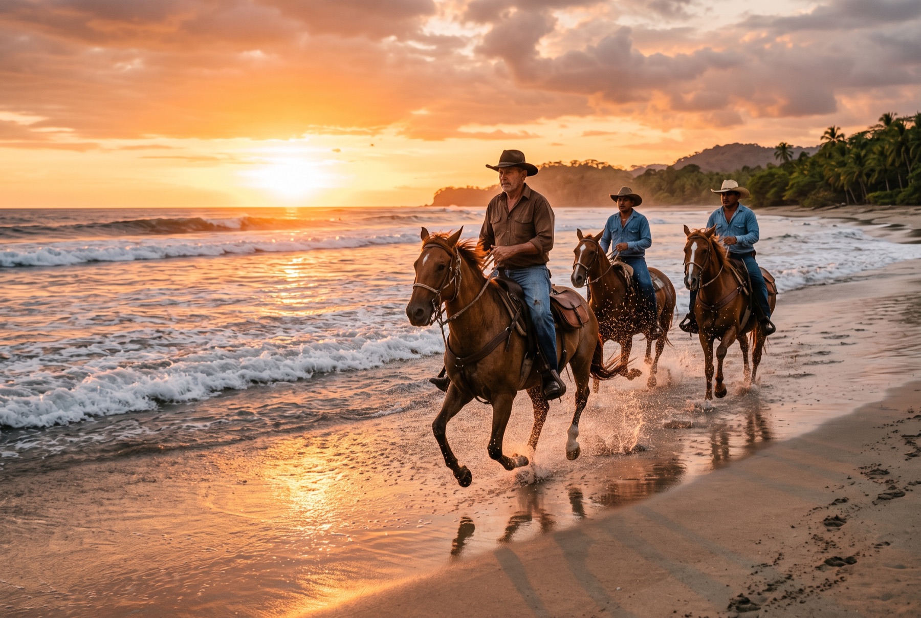 Jinetes sabaneros cabalgando por la orilla al atardecer