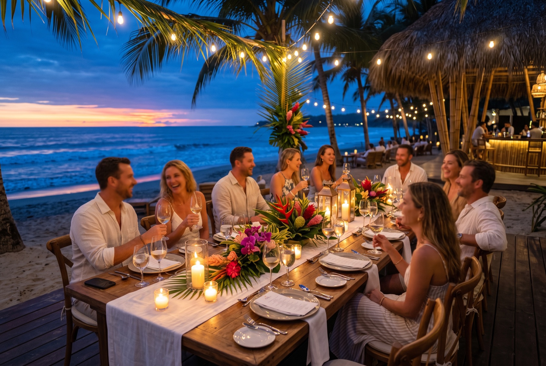 Cena al aire libre en club de playa al anochecer