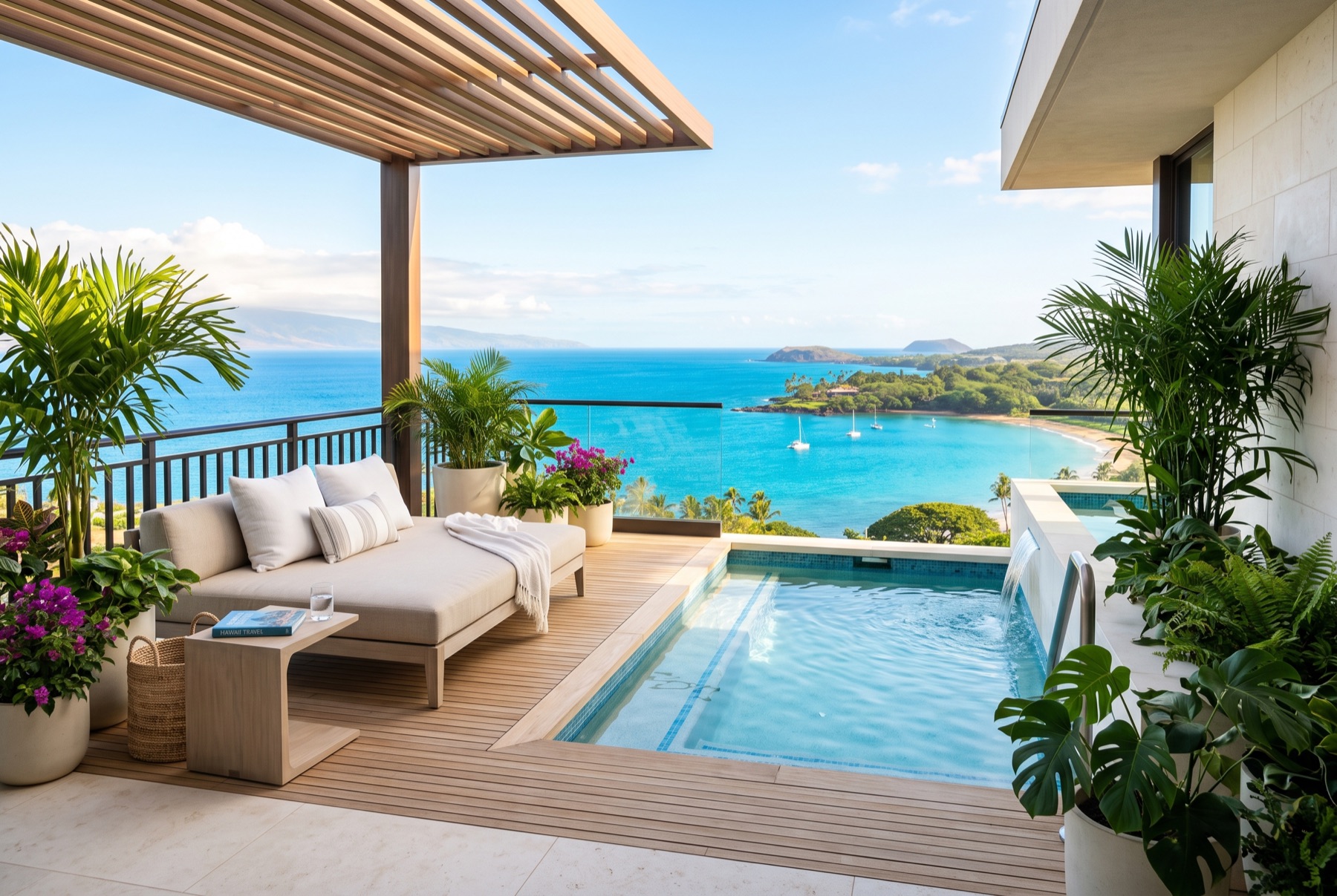 Terraza contemporánea con vista a bahía turquesa