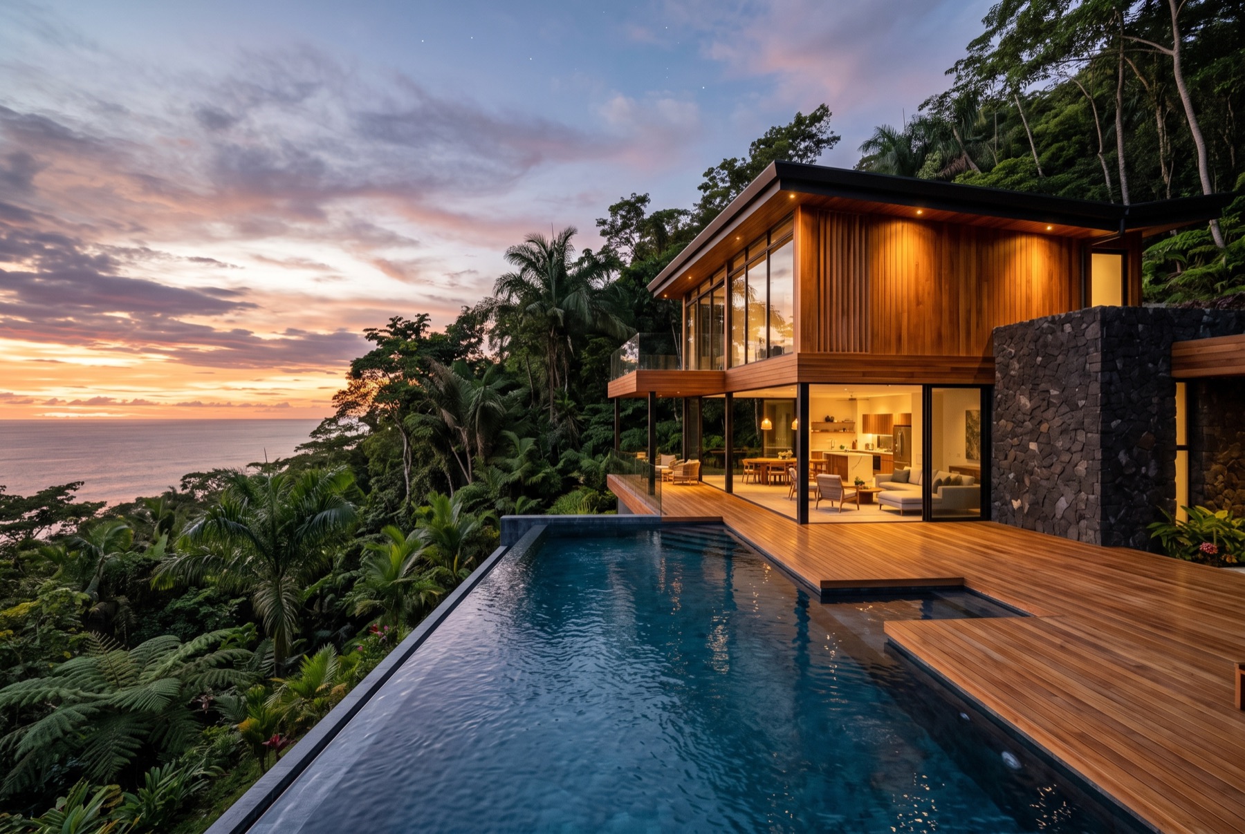Villa tropical de lujo con piscina infinita al atardecer